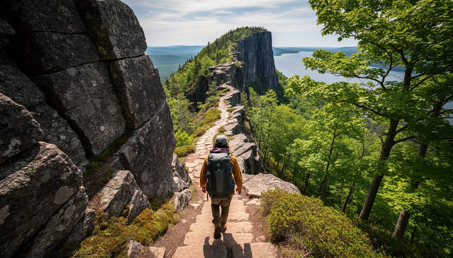 Hiker climbing a rocky section toward the Top of the Giant lookout at Sleeping Giant Provincial Park