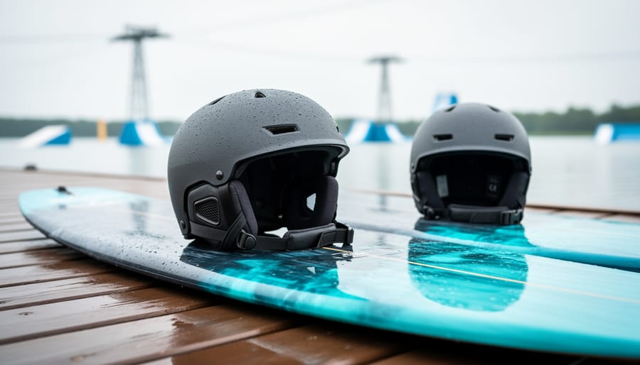 Wakeboarding helmet resting on a wakeboard on a dock with blurred water and wake park elements in the background.