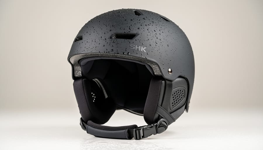 Close-up of a wakeboarding helmet on a wet dock near wakeboarding gear.