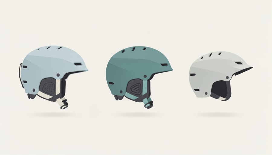 Three wakeboarding helmet styles arranged on a wet surface near cable equipment and water.