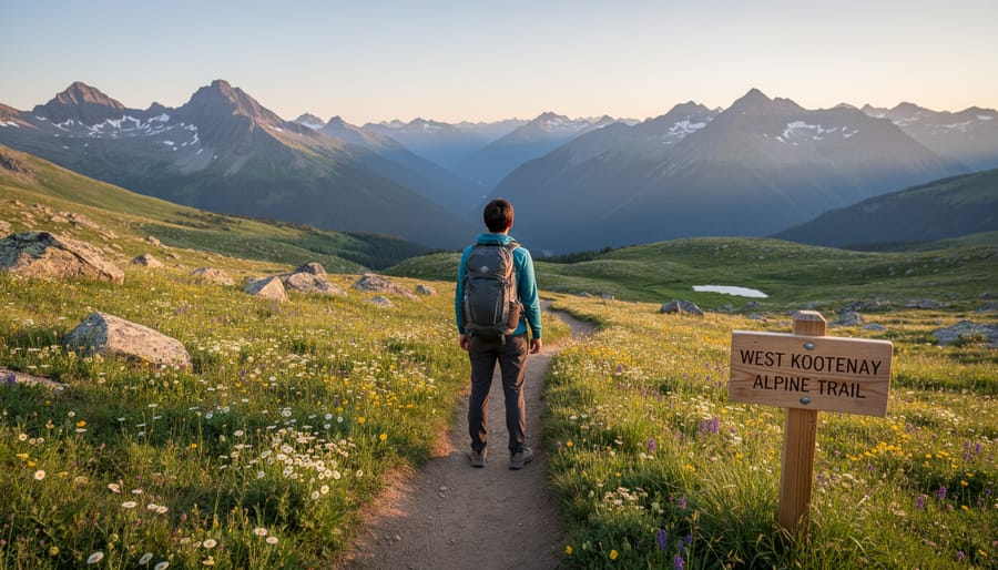 Hiker on a rocky viewpoint trail overlooking alpine meadows and mountain ridgelines in West Kootenay