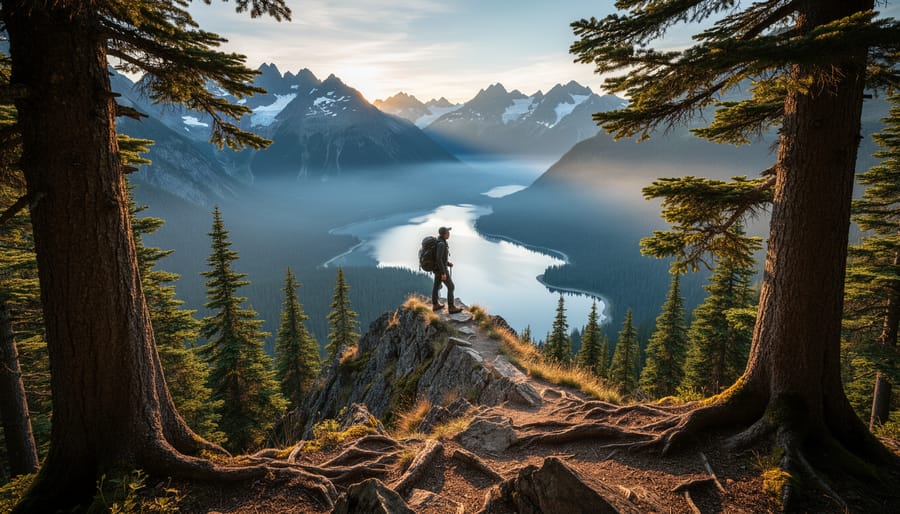 Lone hiker standing on a West Kootenay ridge above an old-growth forest, overlooking a glacier-carved lake and distant mountain ranges at golden hour.
