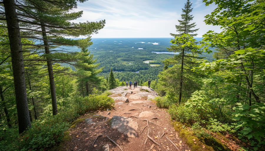 Hiker at an Algonquin viewpoint looking over the forest canopy from a trail overlook