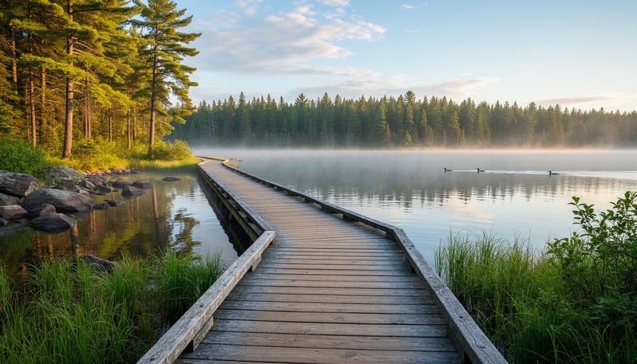 Wooden hiking boardwalk in Algonquin Provincial Park leading toward a clear lake with pine forest in golden-hour light.