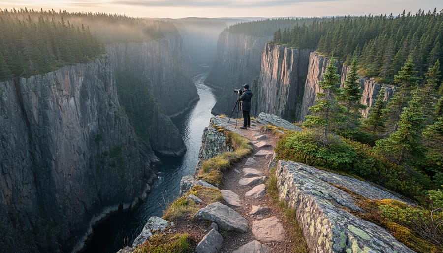Hikers on a short canyon trail with tall cliff walls above in Algonquin Park