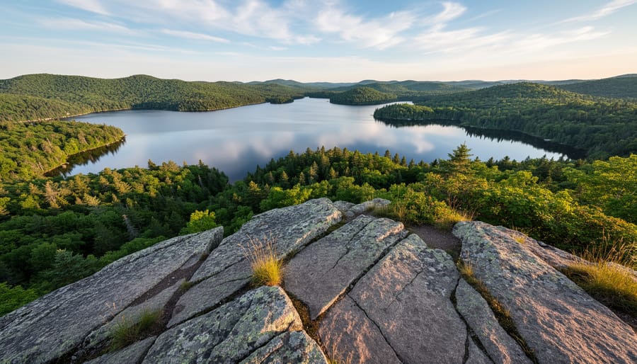 Cliff-top hikers overlooking Rock Lake from a granite ledge