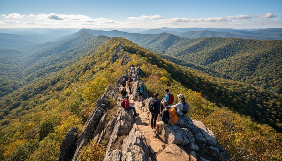 Hikers on a rocky ridge with panoramic views over Algonquin forests and lakes
