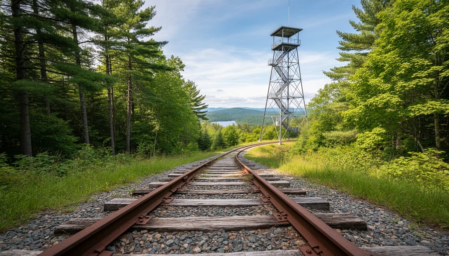 Hiker on a gravel railway-bed style trail with a fire tower on a distant hill