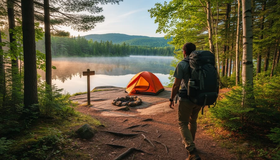Backcountry campsite along a remote wilderness lake with a canoe and tent at sunrise