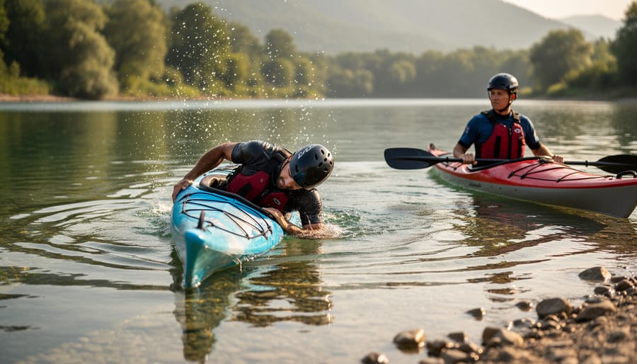 Kayaker practicing a wet exit in calm shallow water with an instructor nearby