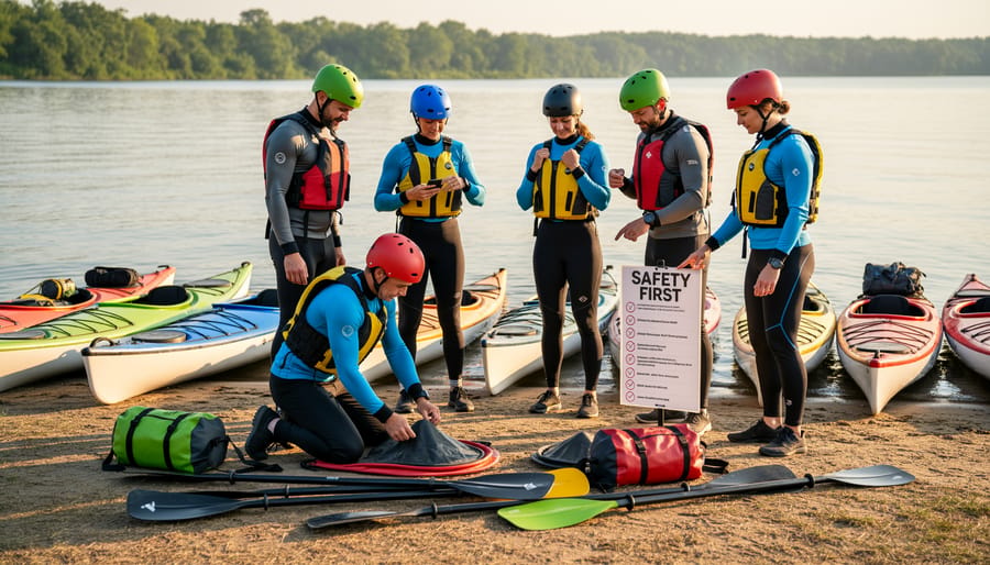Paddlers adjusting personal flotation devices and checking kayaking safety gear before launch