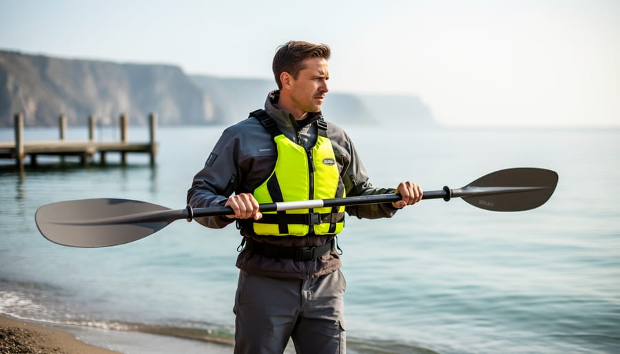 A kayaker in a life jacket stands by a calm shoreline holding a paddle, ready for a pre-kayaking safety skills assessment.